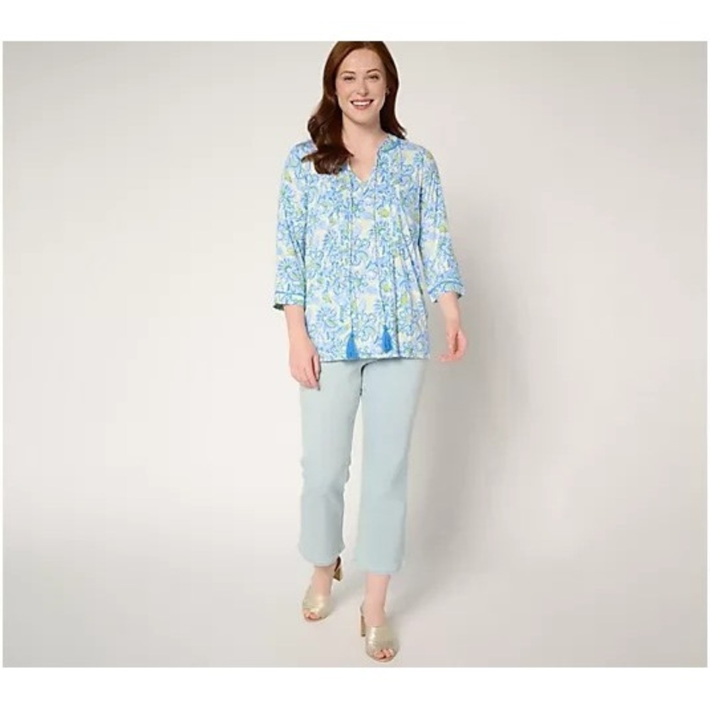 Belle by Kim Gravel Rayon Spandex Pintuck Tassel Top santorini blue, medium #25# - Picture 3 of 12